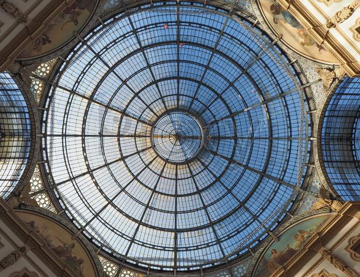 Milan, Italy - Circa January 2017: Glass Dome Roof Of Galleria Vittorio Emanuele Ii Shopping Arcade