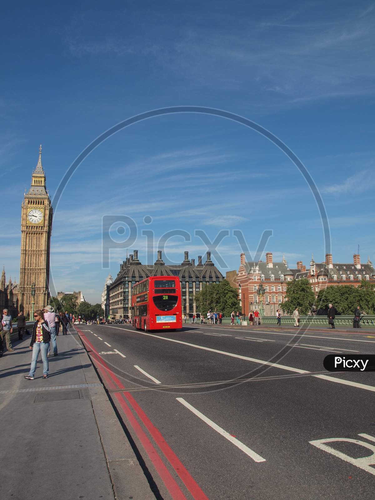 London, England, Uk - September 08, 2012: Tourists And A Traditional Double Decker Red Bus Crossing Westminster Bridge On September 8, 2012 In London, England, Uk