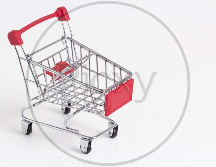 Empty Metallic Supermarket Shopping Cart Side View Isolated. Realistic Supermarket Basket, Retail Pushcart Vector Illustration Stock Illustration