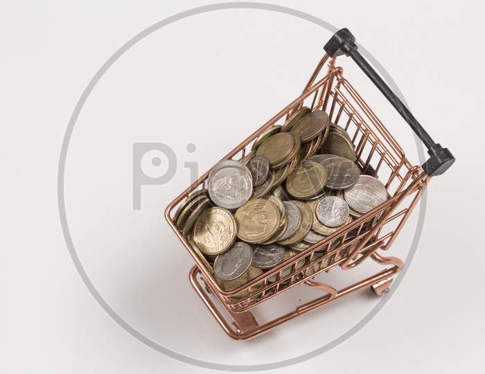 Shopping Cart With Bitcoins, Top Angle Stock Photo