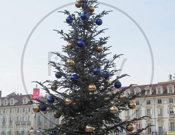 Turin, Italy - Circa December 2018: Christmas Tree With Baubles Decorations In Piazza Castello