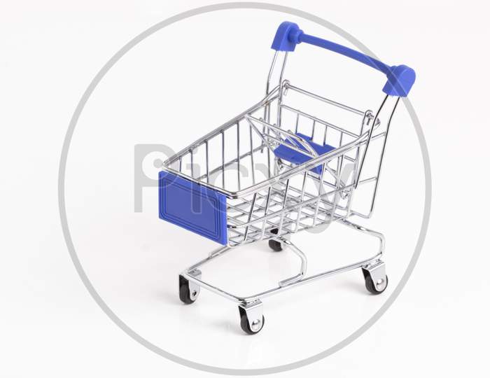 Empty Metallic Supermarket Shopping Cart Side View Isolated. Realistic Supermarket Basket, Retail Pushcart Vector Illustration Stock Illustration