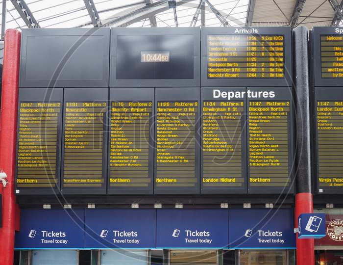 Liverpool, Uk - Circa June 2016: Timetable Of Arrivals And Departures Of Trains At Liverpool Lime Street Station