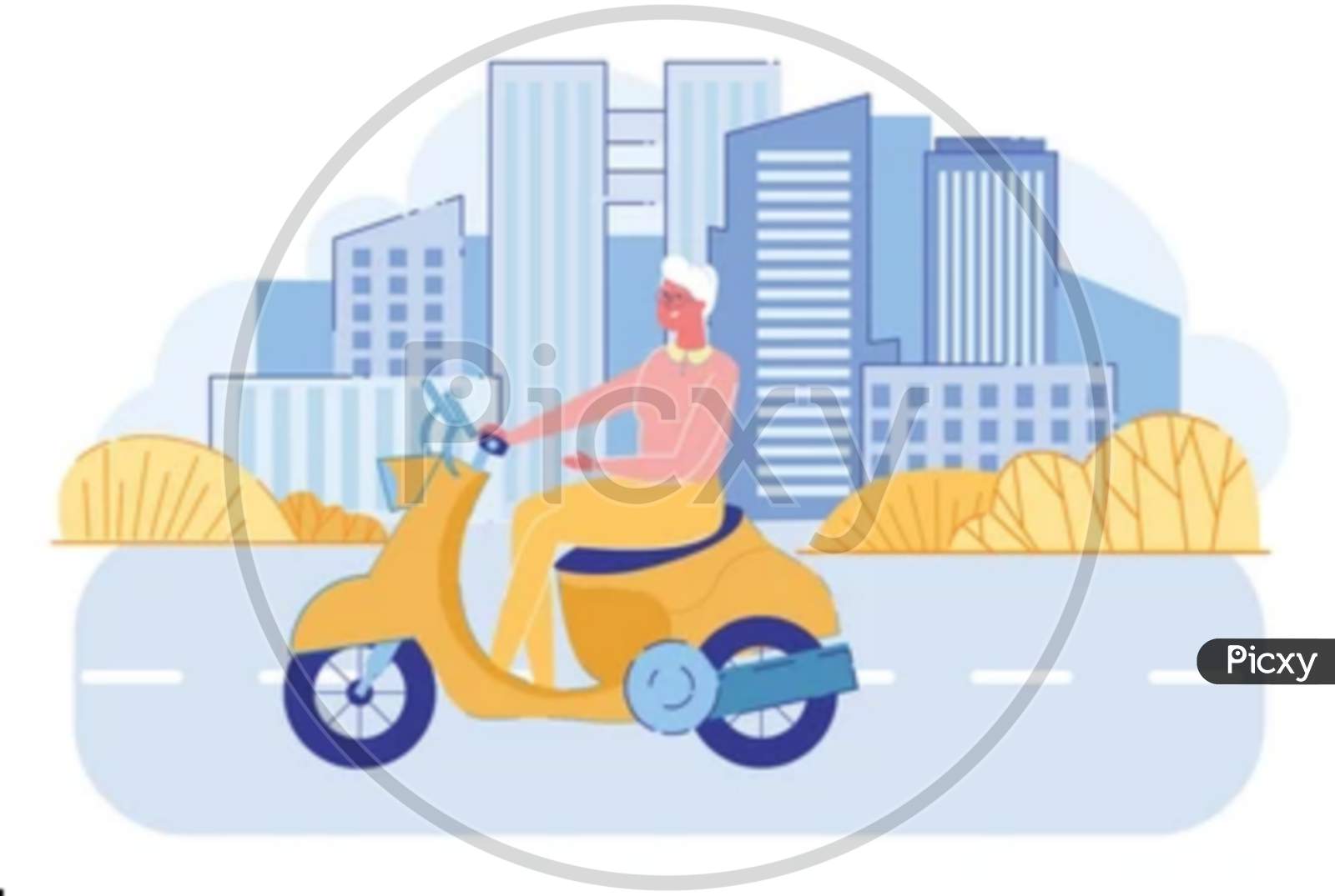 Cheerful Senior Lady Driving Vintage Scooter on Cityscape Background with Skyscrapers. Active Grandma Riding Bike. Retired Pensioner Leisure, Hobby and Lifestyle. Cartoon Flat Vector Illustration