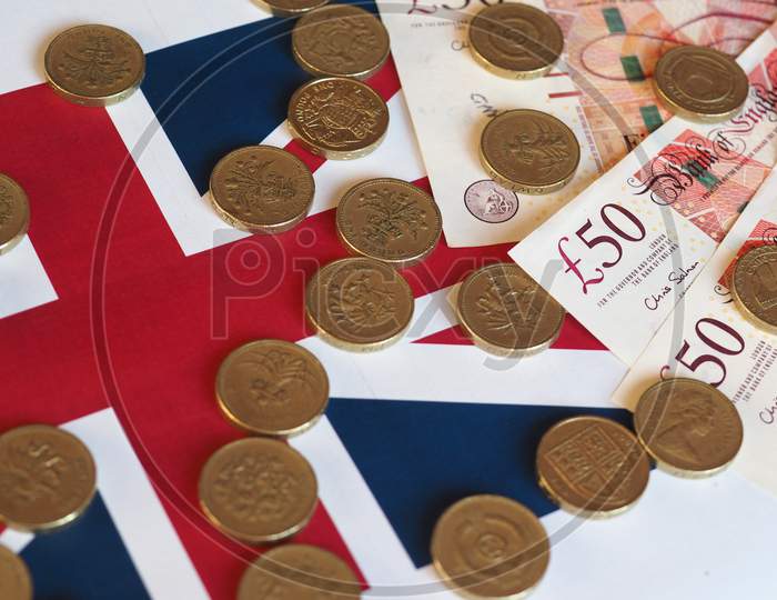 Pound Coins And Notes, United Kingdom Over Flag
