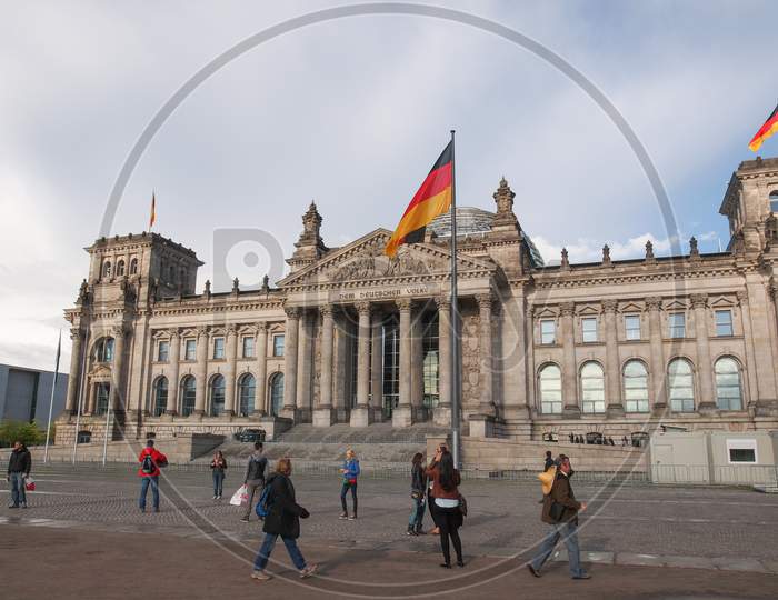 Berlin, Germany - May 11, 2014: Tourists Visiting The Reichstag (German Parliament) In Tiergarten Park
