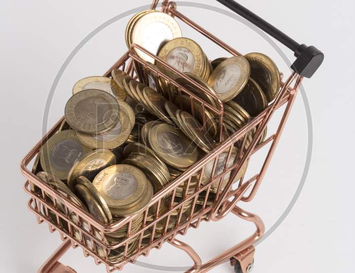 A Shopping Cart From A Supermarket, With Bitcoins Stock Photo