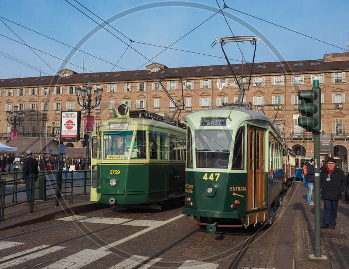 Turin, Italy - Circa December 2018: Vintage 2759 And 447 Tram At Turin Trolley Festival