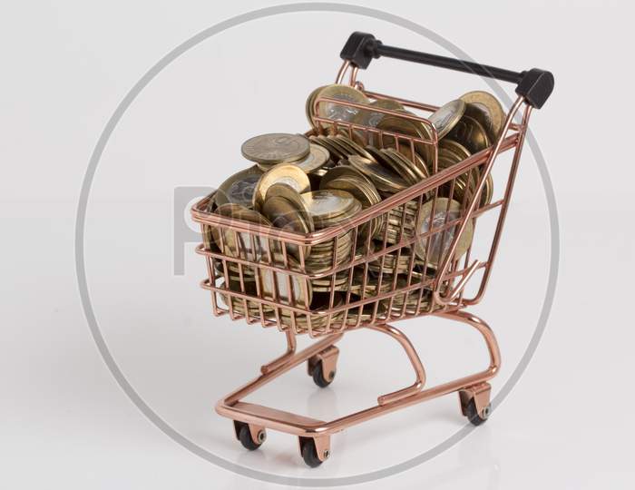 Copper Shopping Cart On White. With Bitcoins Supermarket Basket, Shop Cart Isolated On White. Vector Illustration. Stock Illustration