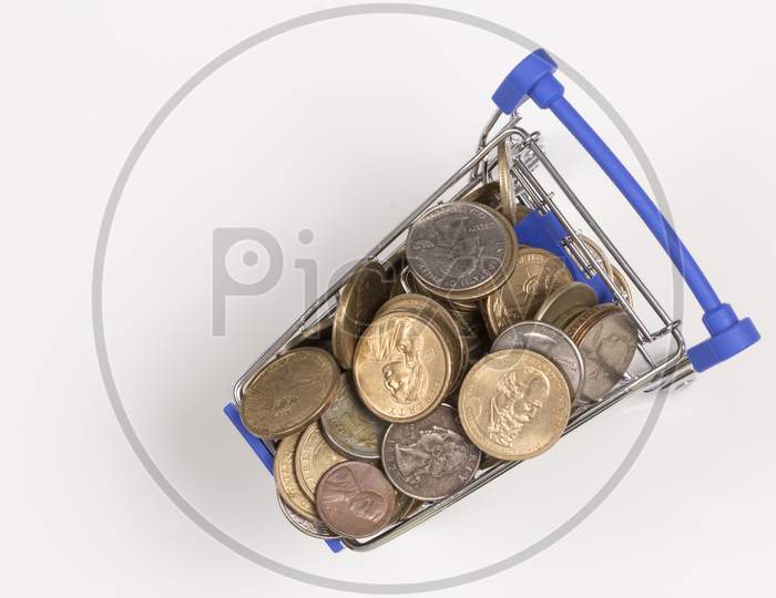 Shopping Cart With Bitcoins, Top Angle Stock Photo
