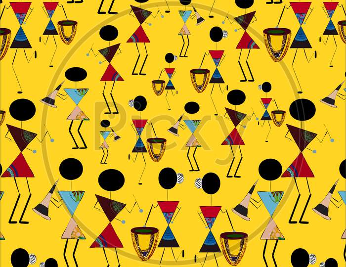 Seamless Pattern Of Colorful Traditional Ancient Tribal Warli Painting Art India, On Yellow Color Background.