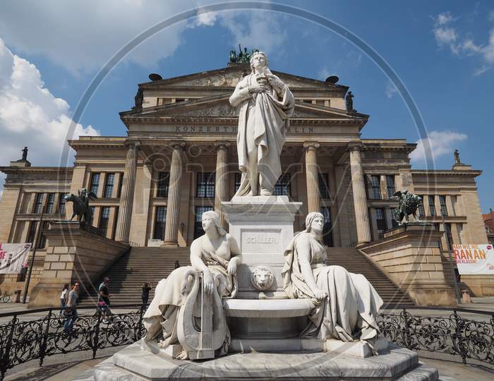 Berlin, Germany - Circa June 2016: Friedrich Schiller Monument In Front Of Konzerthaus Berlin Concert Hall On The Gendarmenmarkt Square In Central Mitte District