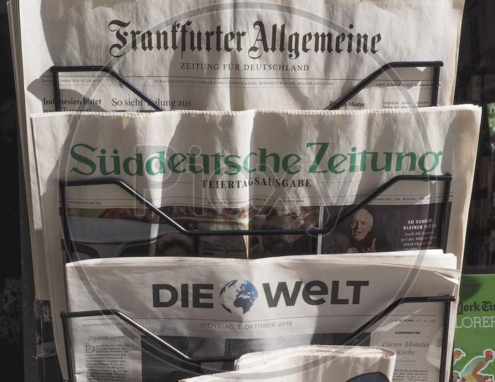 Turin, Italy - Circa October 2018: German Newspapers Including Frankfurter Allgemeine, Sueddeutsche Zeitung And Die Welt