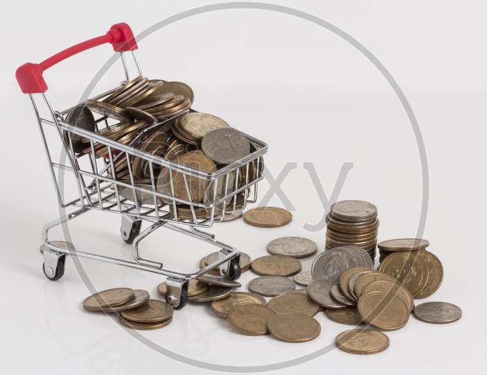 Shopping Cart On White. With Bitcoins Supermarket Basket, Shop Cart Isolated On White. Vector Illustration