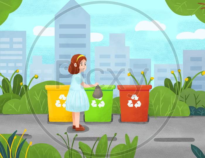 Hand Painted Environmental Protection Garbage Classification Plant Illustration