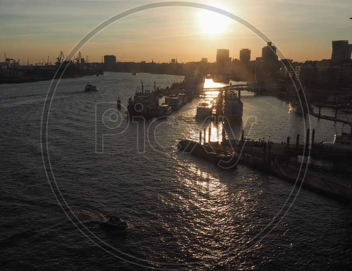 View Of The City Of Hamburg At Sunset