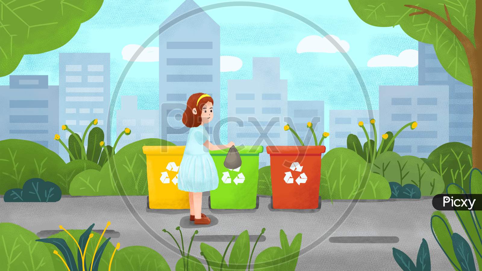 Hand Painted Environmental Protection Garbage Classification Plant Illustration