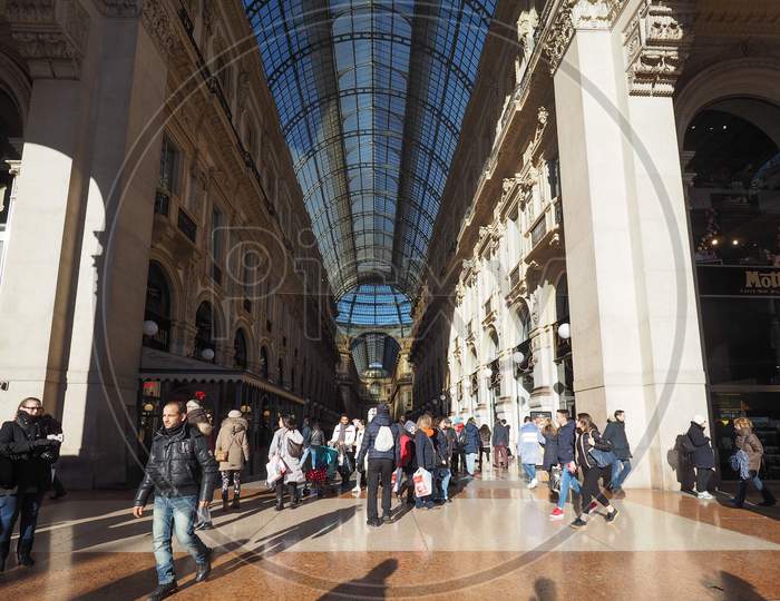 Milan, Italy - Circa January 2017: Tourists In Galleria Vittorio Emanuele Ii Shopping Arcade