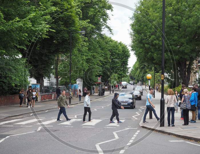 London, Uk - Circa June 2017: Abbey Road Zebra Crossing Made Famous By The 1969 Beatles Album Cover