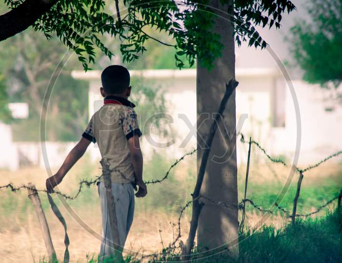 Young Poor Village Boy Looking Out Over A Field Surrounded By Trees Holding A Barbed Wire Fence Enjoying A Rural Landscape Looking Over A Field Farm