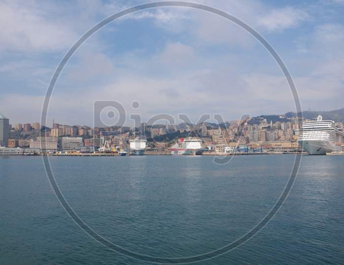 Genoa, Italy - March 16, 2014 - Since The Construction Of The New Merchant Harbour The Old Harbour Called Porto Vecchio Is Still Used For Cruise Ships And Small Boats