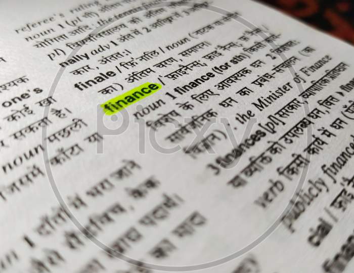 Finance word highlighted in a english to hindi dictionary