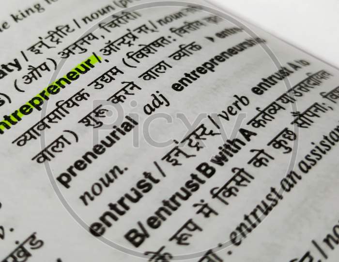 Entrepreneur word highlighted in a english to hindi dictionary