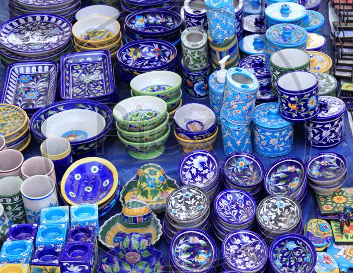 Beautiful Indian Blue Ceramic Items On Display For Sale