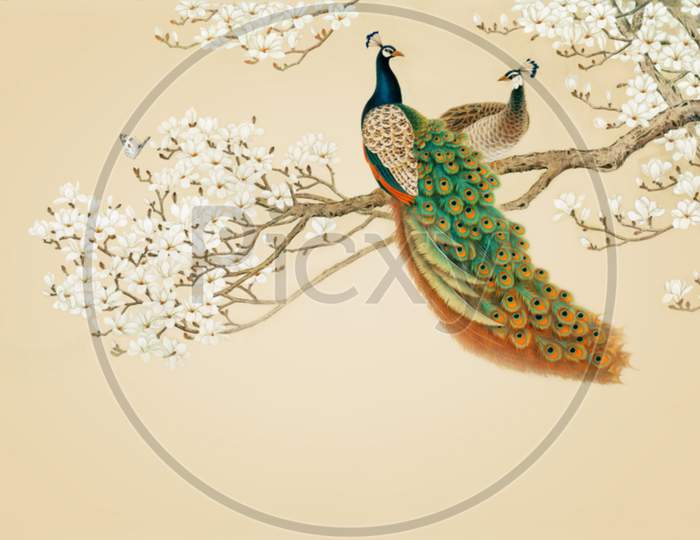 Tree with peacock texture background 3D wallpaper