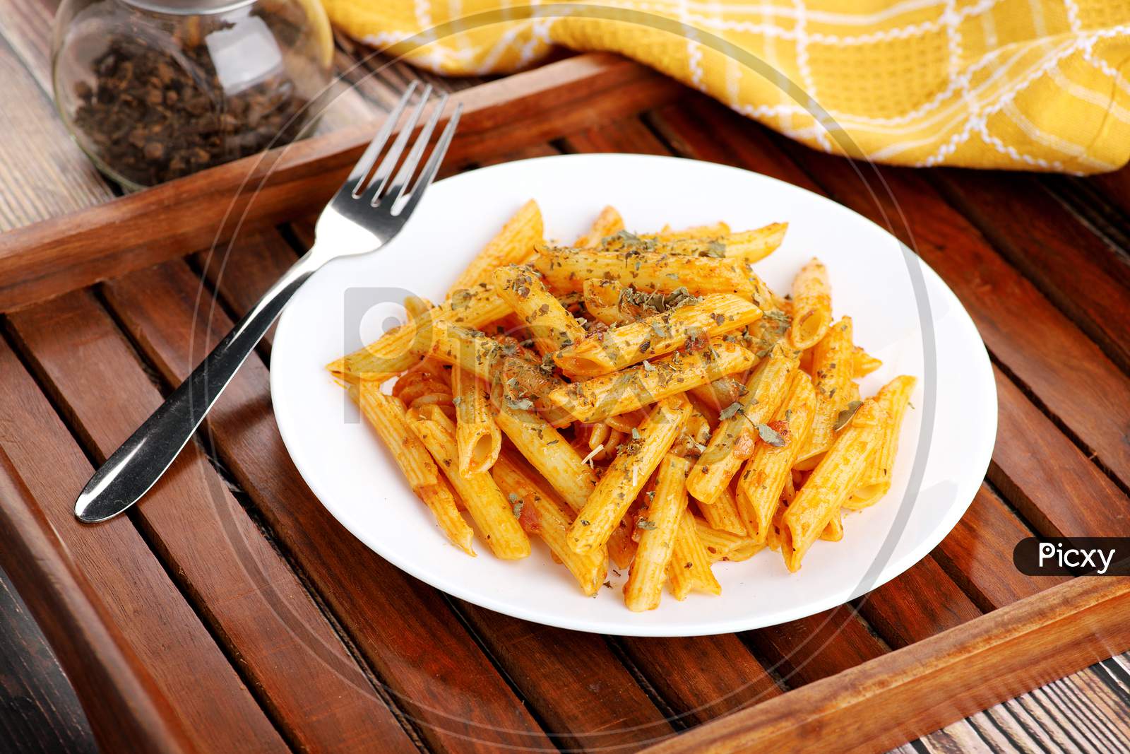 Food - Tasty Penne Pasta Plate With A Fork On Wooden Tray