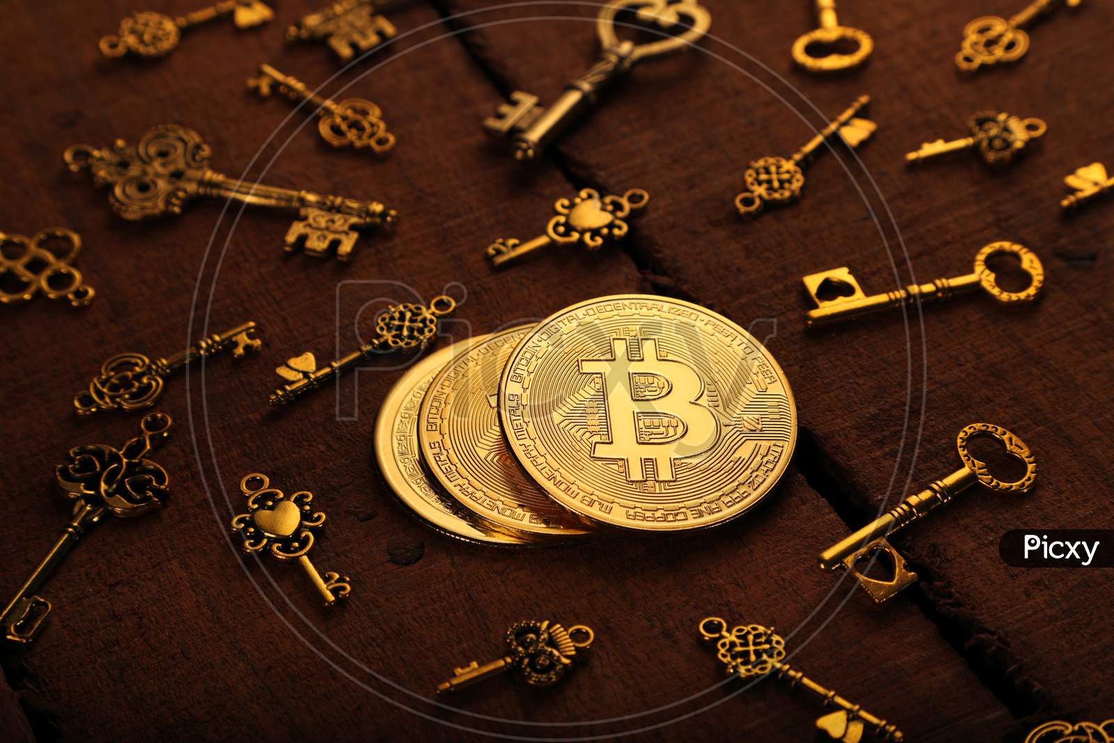 Golden Bitcoin Currency Coin With Treasure Keys