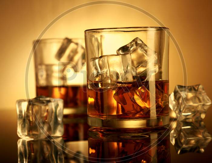 Chilled Whiskey Glass With Ice Cubes