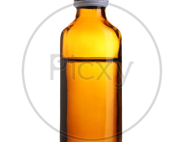 Brown Glass Bottle Of Medicine Syrup Isolated On White