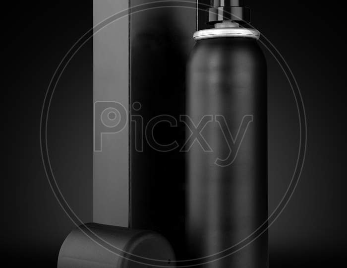 Black Deodorant Spray Can And Box For Mockups
