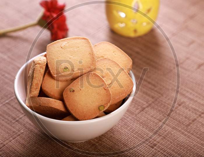 Bakery Product Food Biscuits With Pistachio In A Bowl