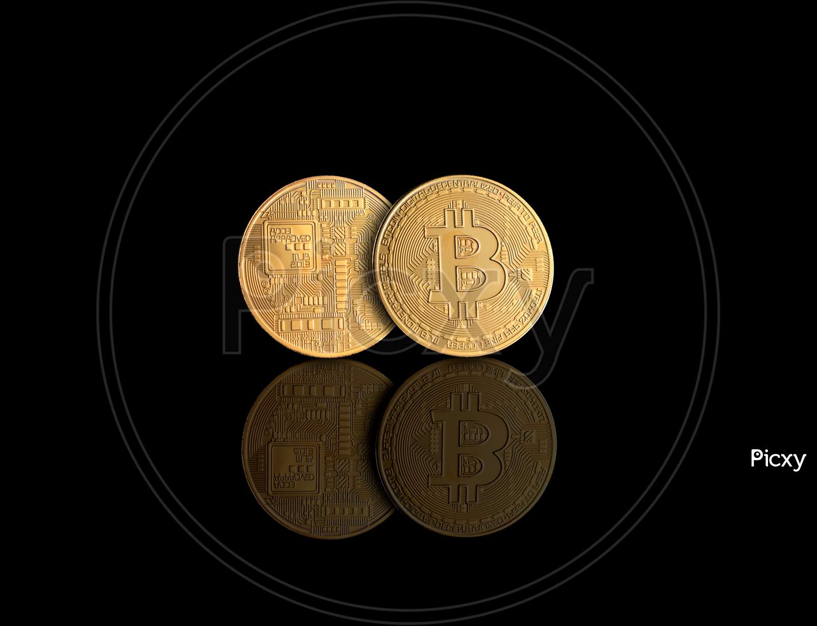 Golden Bitcoin Money Crypto Currency On Gold Background With Reflections