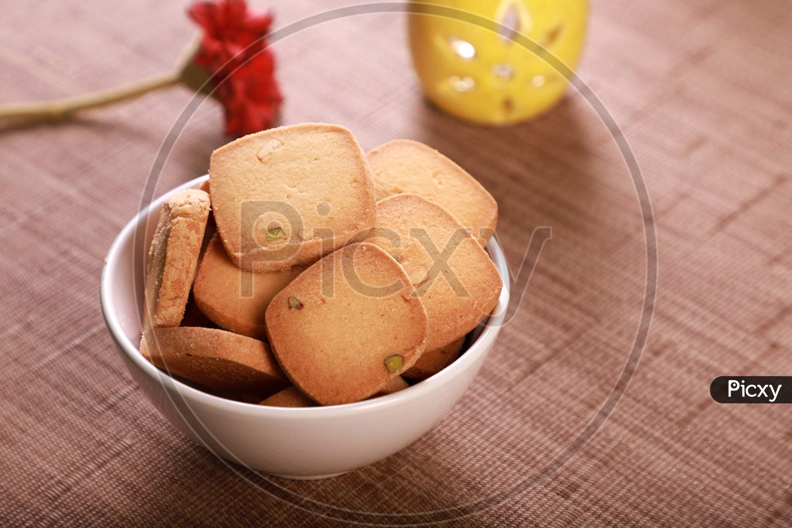 Bakery Product Food Biscuits With Pistachio In A Bowl