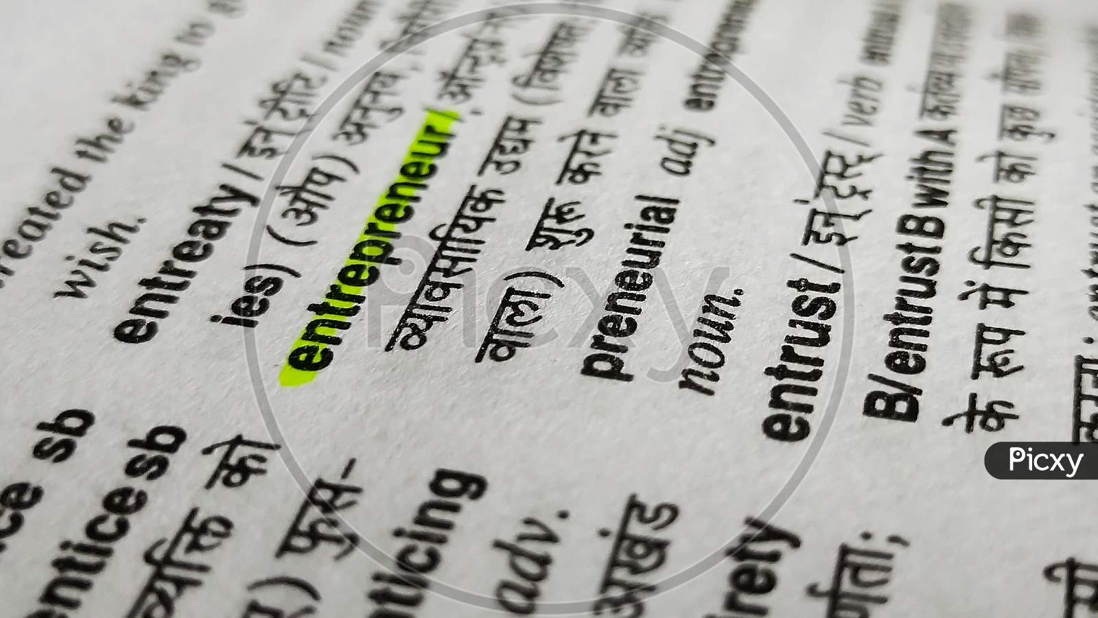 Entrepreneur word highlighted in a english to hindi dictionary