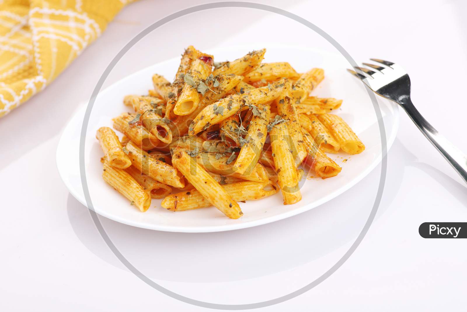 Food - Delicious Penne Pasta Plate With A Fork On White Background