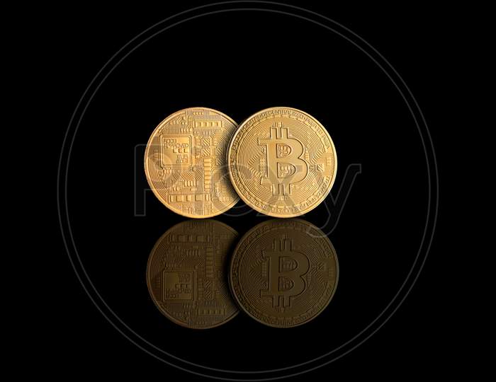 Golden Bitcoin Money Crypto Currency On Gold Background With Reflections