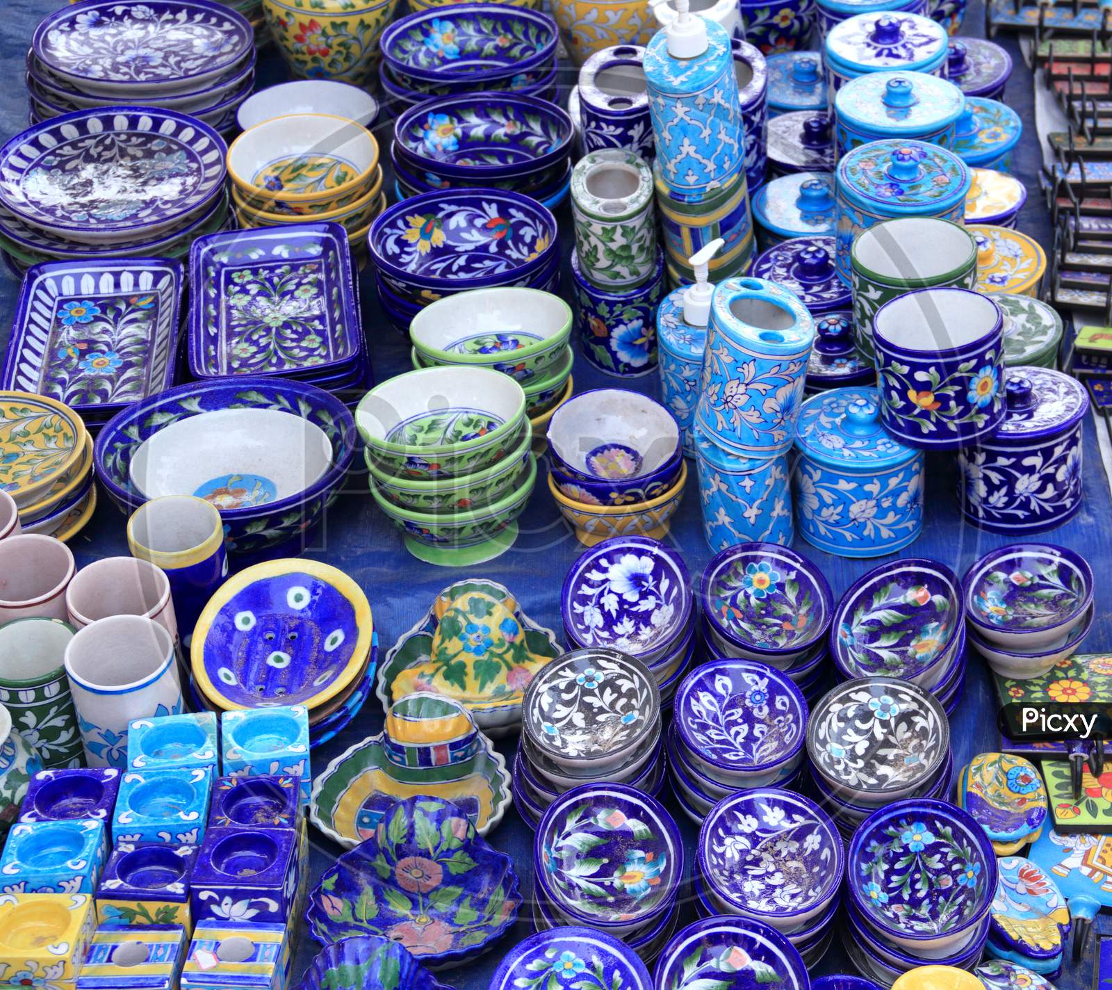 Beautiful Indian Blue Ceramic Items On Display For Sale