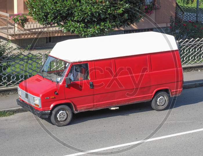 Milan, Italy - Circa August 2015: Red Fiat Lorry