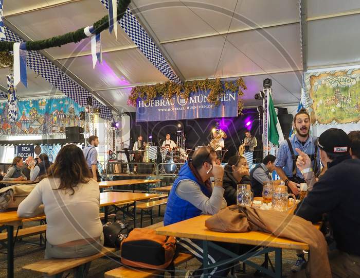 Turin, Italy - Circa October 2019: Hofbraeu Oktoberfest Beer Festival