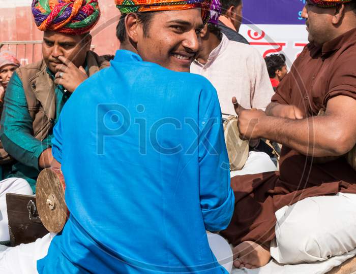 Portrait of artist in traditional rajasthani dress at Bikaner Camel festival