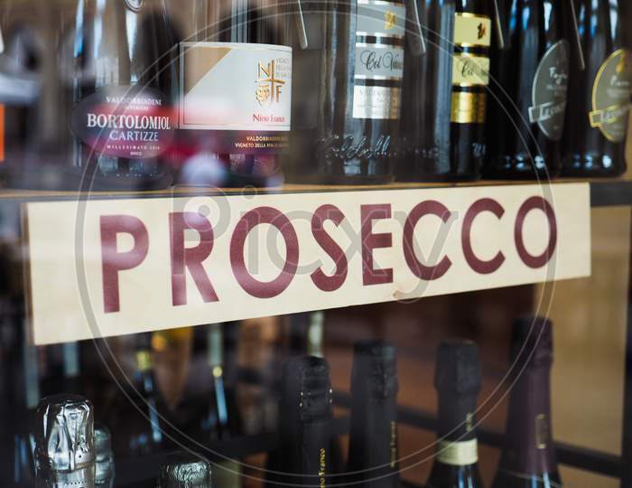 Bologna, Italy - Circa September 2017: Italian Prosecco Wine Bottles In A Shop Window