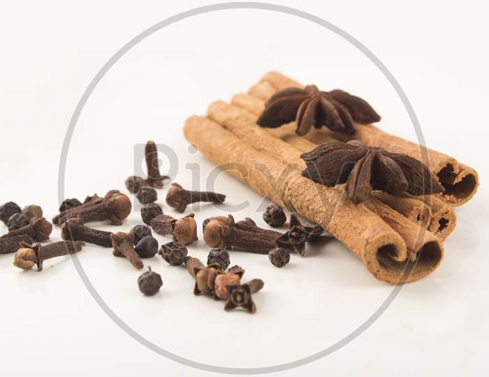Spices: Cloves, Cinnamon And Anise Stars Stock Photo