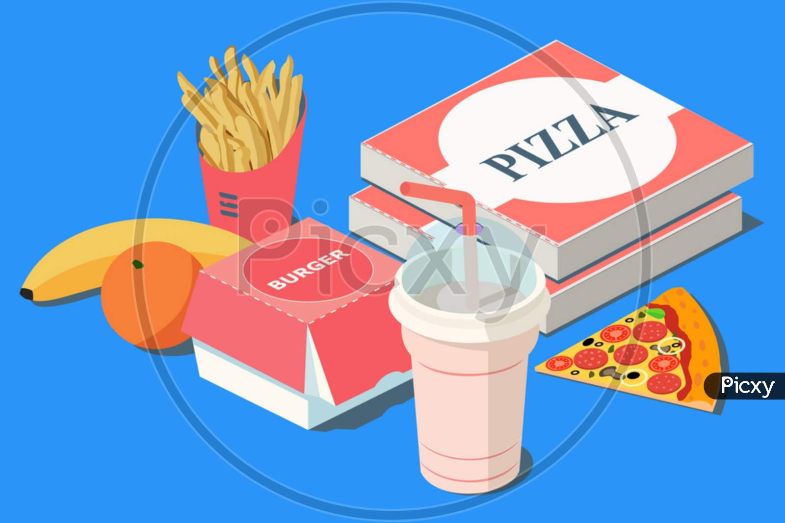 Fast Food. Burger, pizza and french fries in red carton package box, milkshake, banana, citrus orange on a blue background. 3D vector isometric illustration.