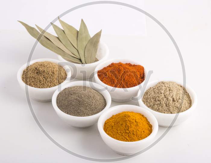 Collection Of Different Spices And Herbs Isolated On White Stock Photo