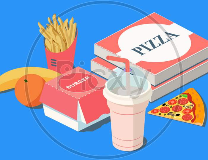 Fast Food. Burger, pizza and french fries in red carton package box, milkshake, banana, citrus orange on a blue background. 3D vector isometric illustration.
