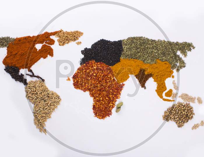 World Map With Large Collenction Of Spices On White Stock Photo